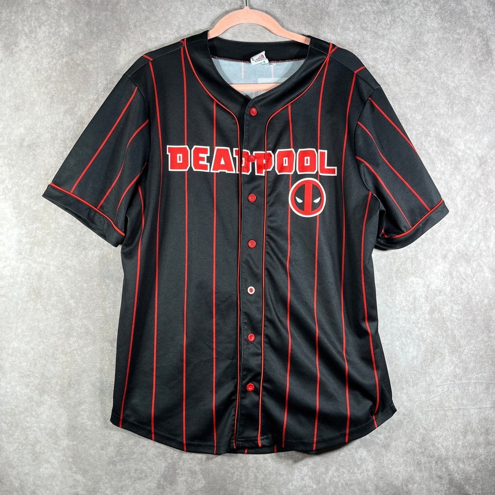 Marvel Deadpool Baseball Jersey Mens Medium Black Red Striped Wolverine Comics